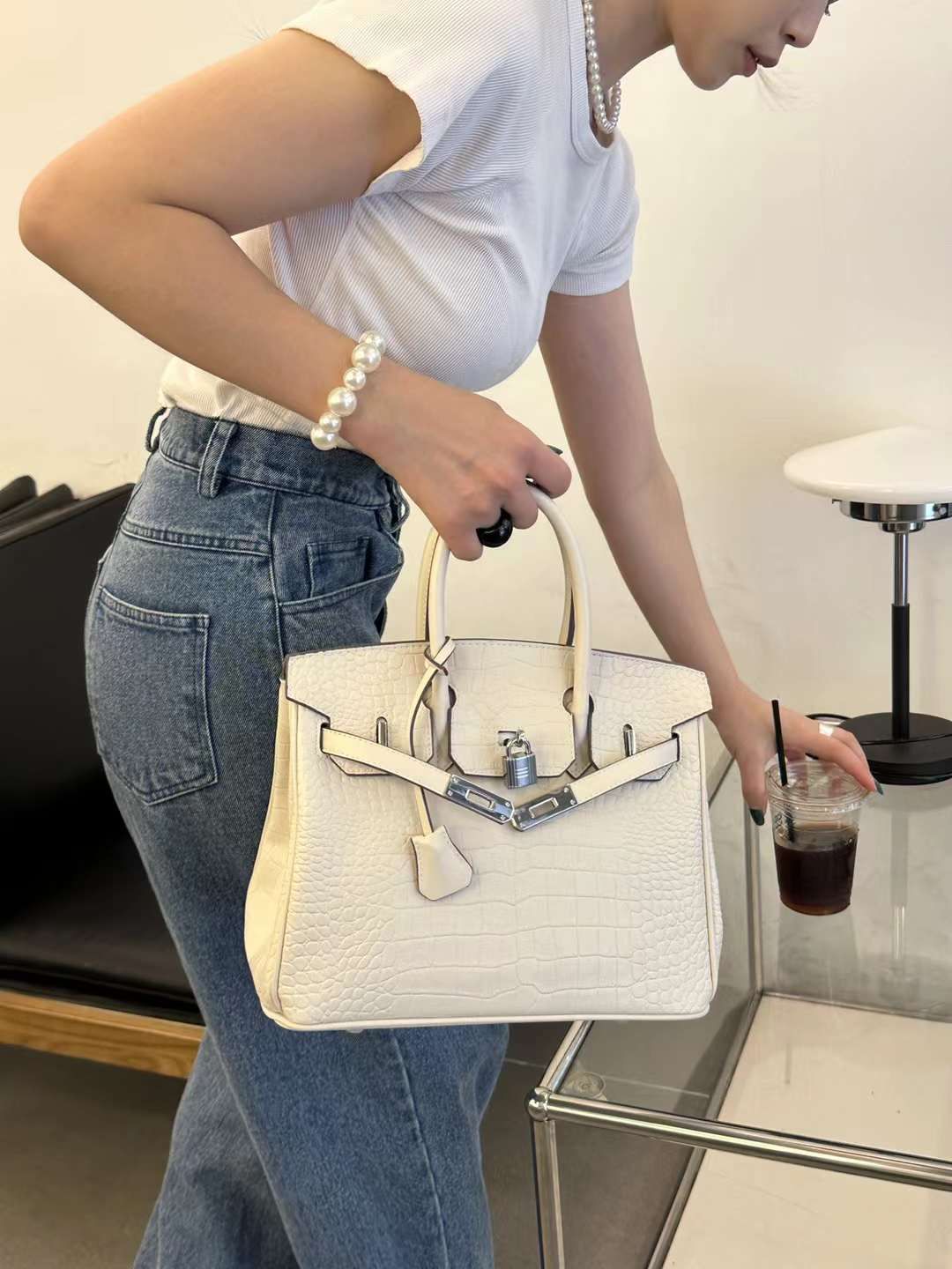 𝐇 Shiny Crocodile Leather Palladium Hardware Bag 25cm