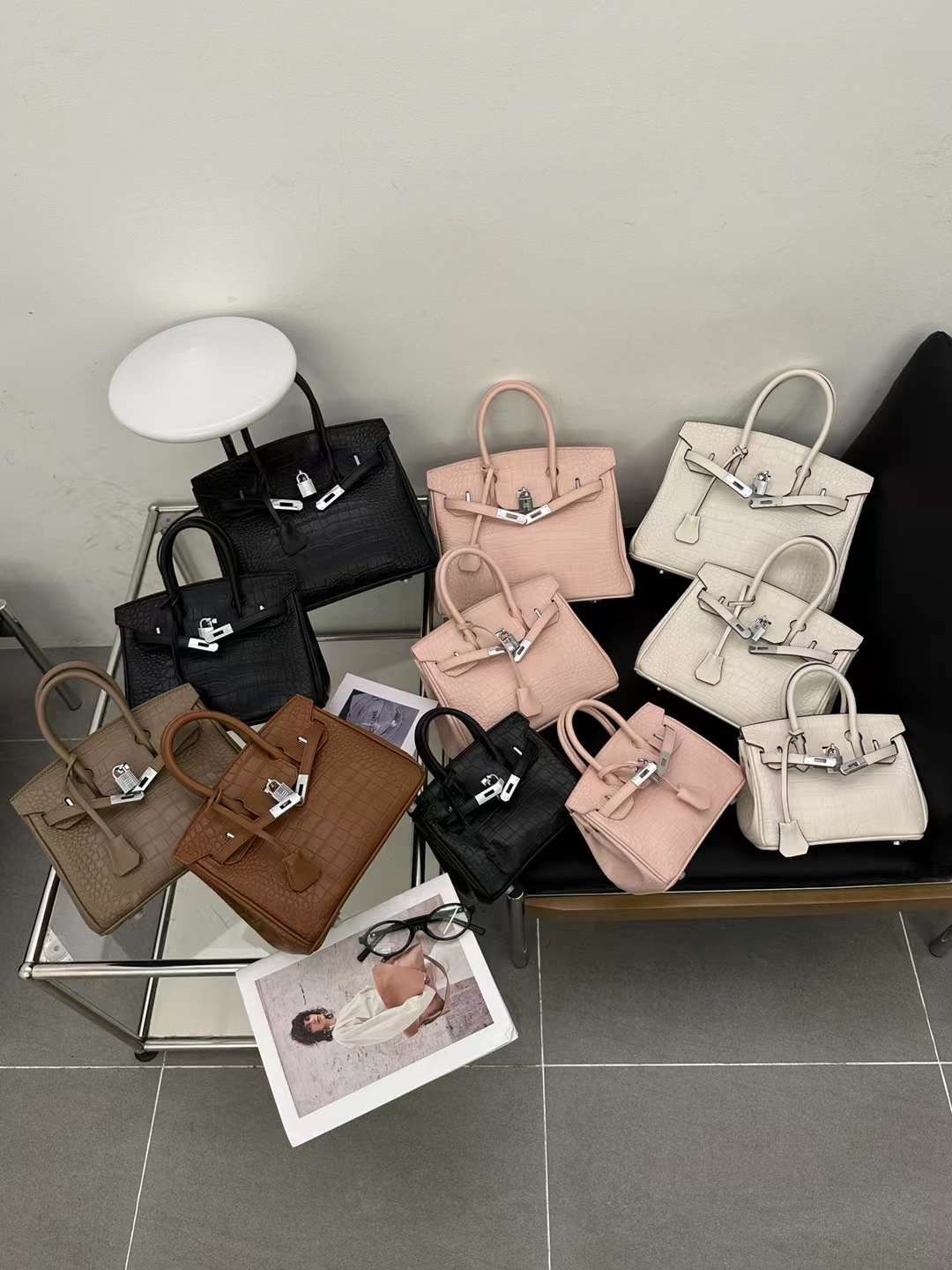 𝐇 Shiny Crocodile Leather Palladium Hardware Bag 25cm