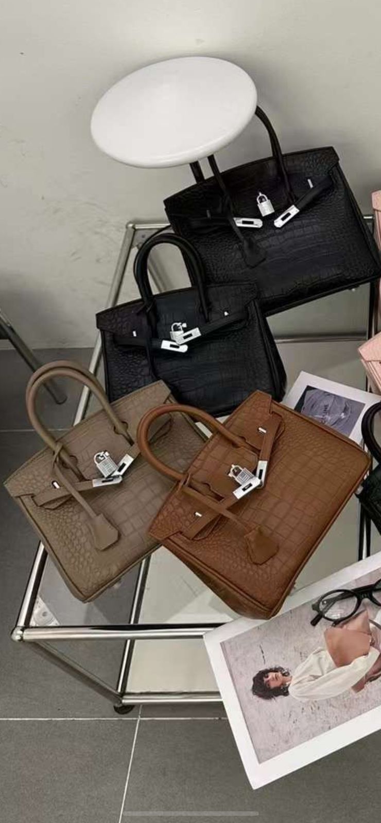 𝐇 Shiny Crocodile Leather Palladium Hardware Bag 25cm
